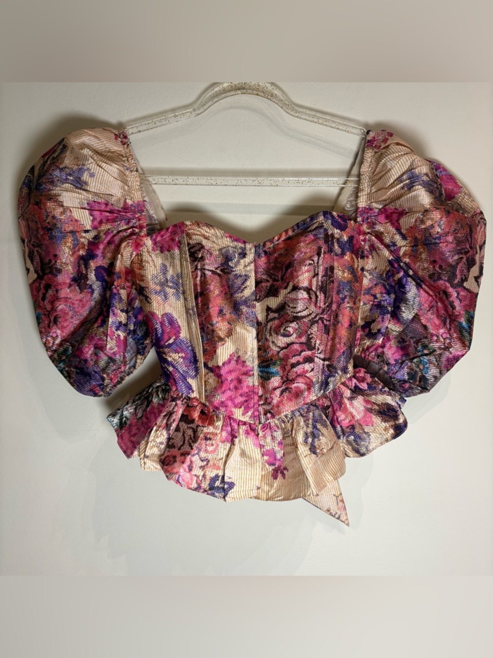 HEMANT AND NANDITA Leah Top Salmon Pink Floral Brocade Puff Sleeve Corset Small - Picture 6 of 10